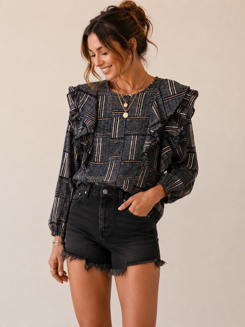 ANTHROPOLOGIE Dolan Geometric Ruffle Sleeve Blouse Boho Stripe Peasant Top XL